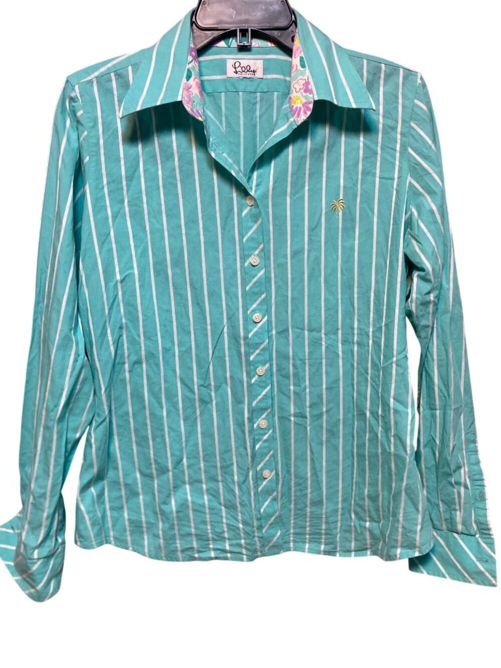 Lilly Pulitzer Womens Turquoise Striped Button-Up Shirt W/ Floral Accents & Palm
